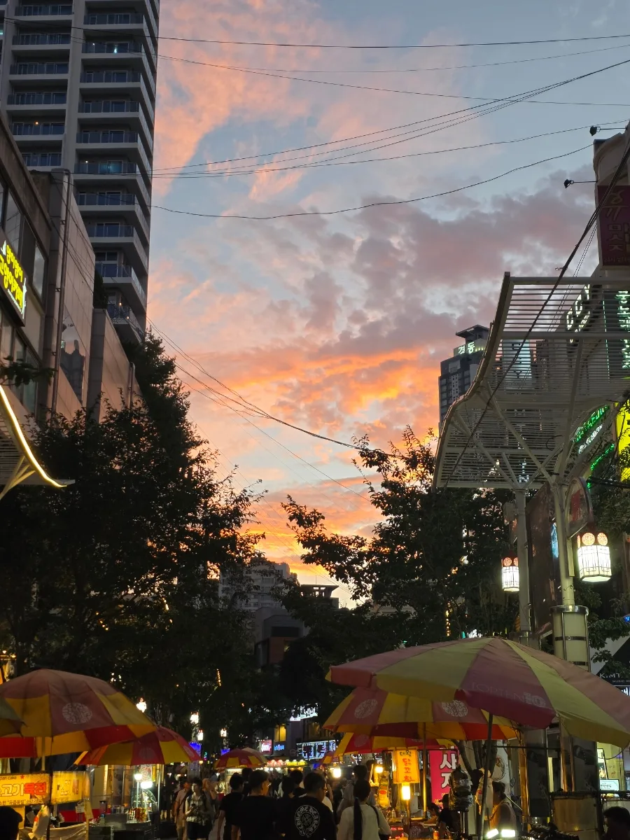 BIFF広場 — 夕焼け空の下に並ぶ屋台