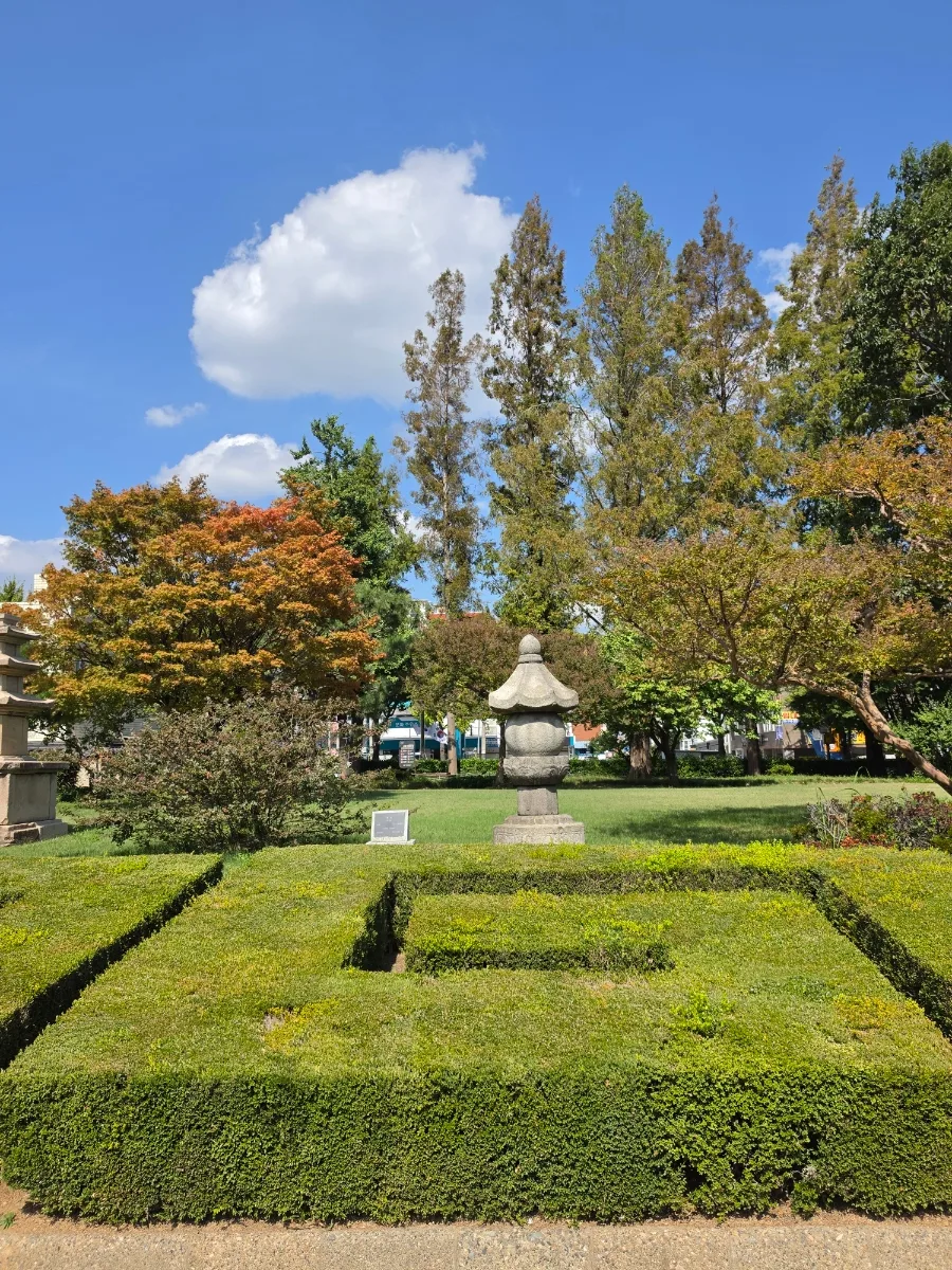 釜山博物館 — 色づき始めた庭園の木々と石塔