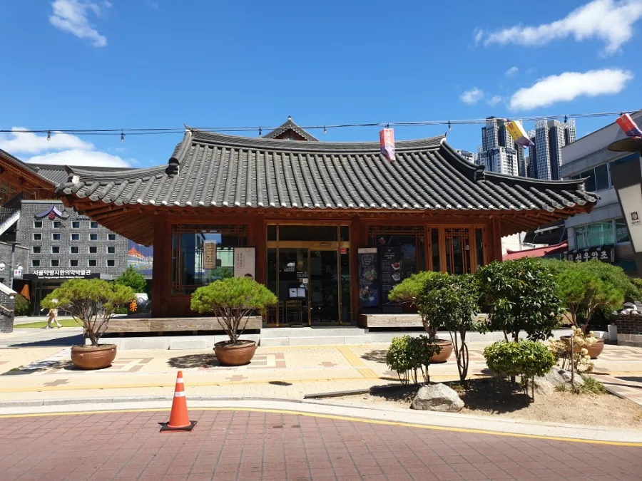 チャムダジョン — 瓦屋根の韓屋と入口の植木