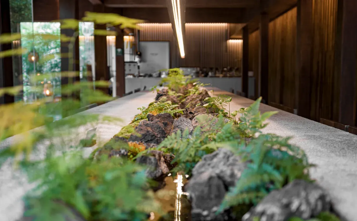 苔と石の植え込みがある客席
