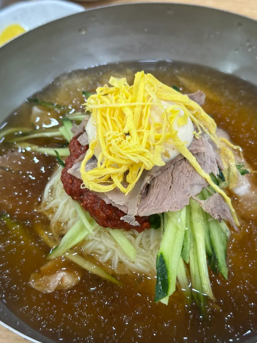 氷の浮くスープと肉・卵の麺