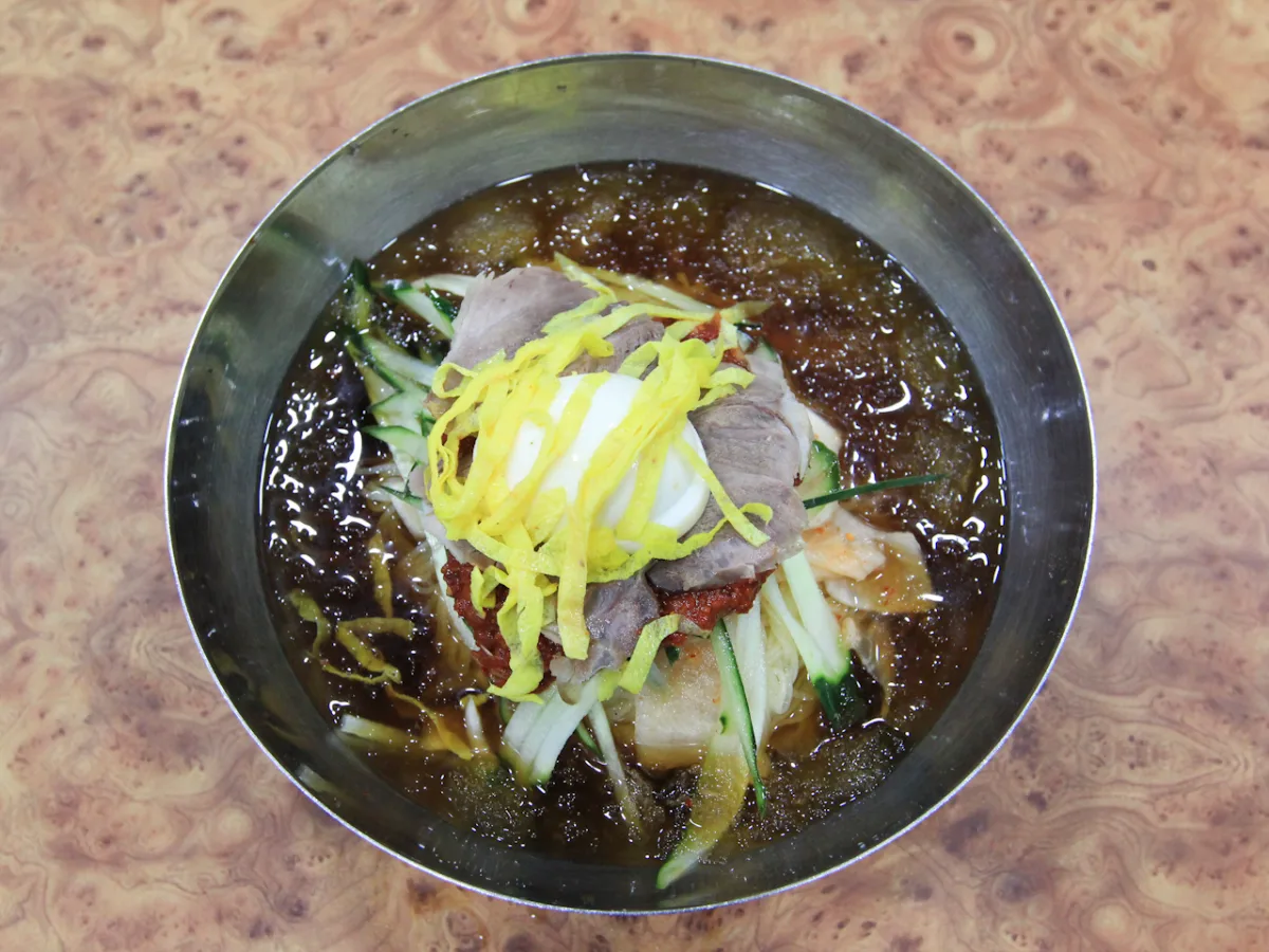 肉と卵をのせた冷たい麺の一杯