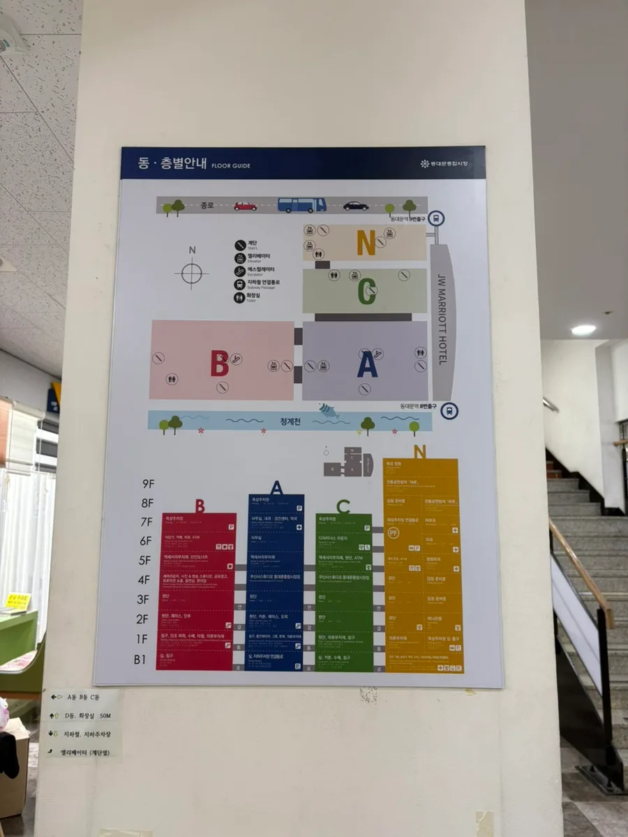 東大門総合市場の棟と階の案内図