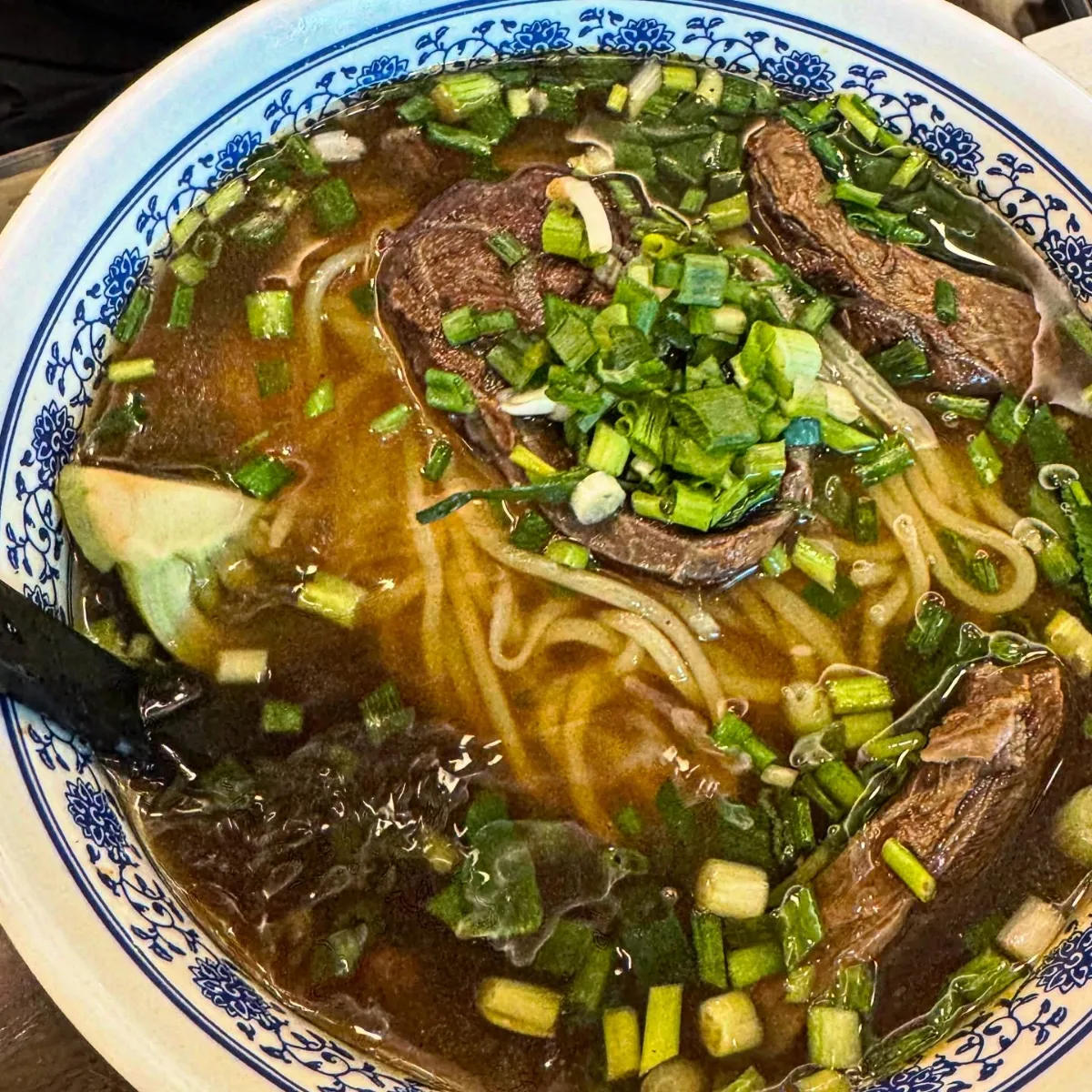 牛肉と青ねぎがのった麺