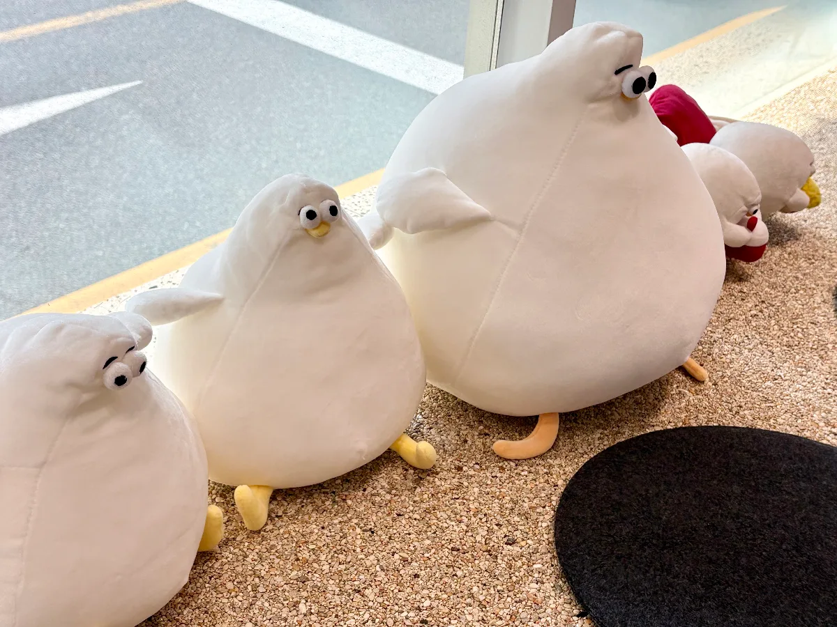 窓辺に並ぶカモメのぬいぐるみ