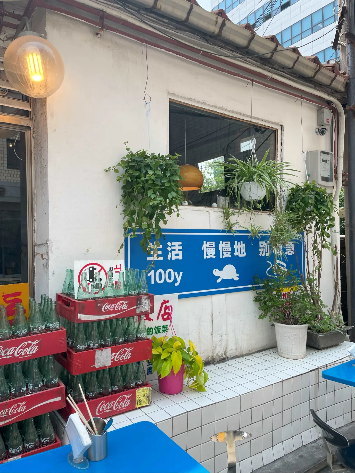 コーラの瓶ケースと植木が並ぶ入口