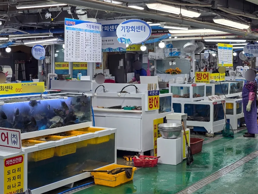 機張市場 — 活魚センターの水槽と値段表