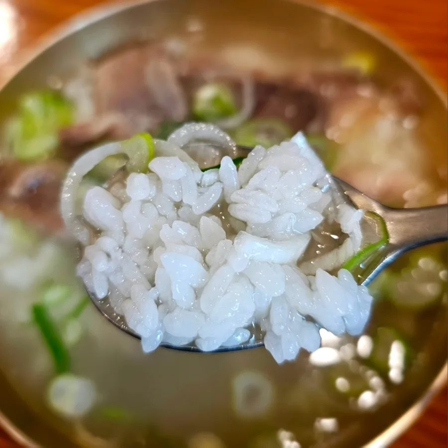 スープを吸ったご飯とねぎをすくったスプーン