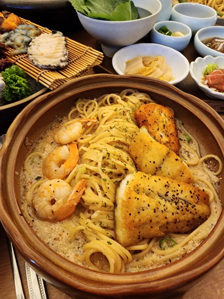 焼き魚と明太子のオイルパスタ
