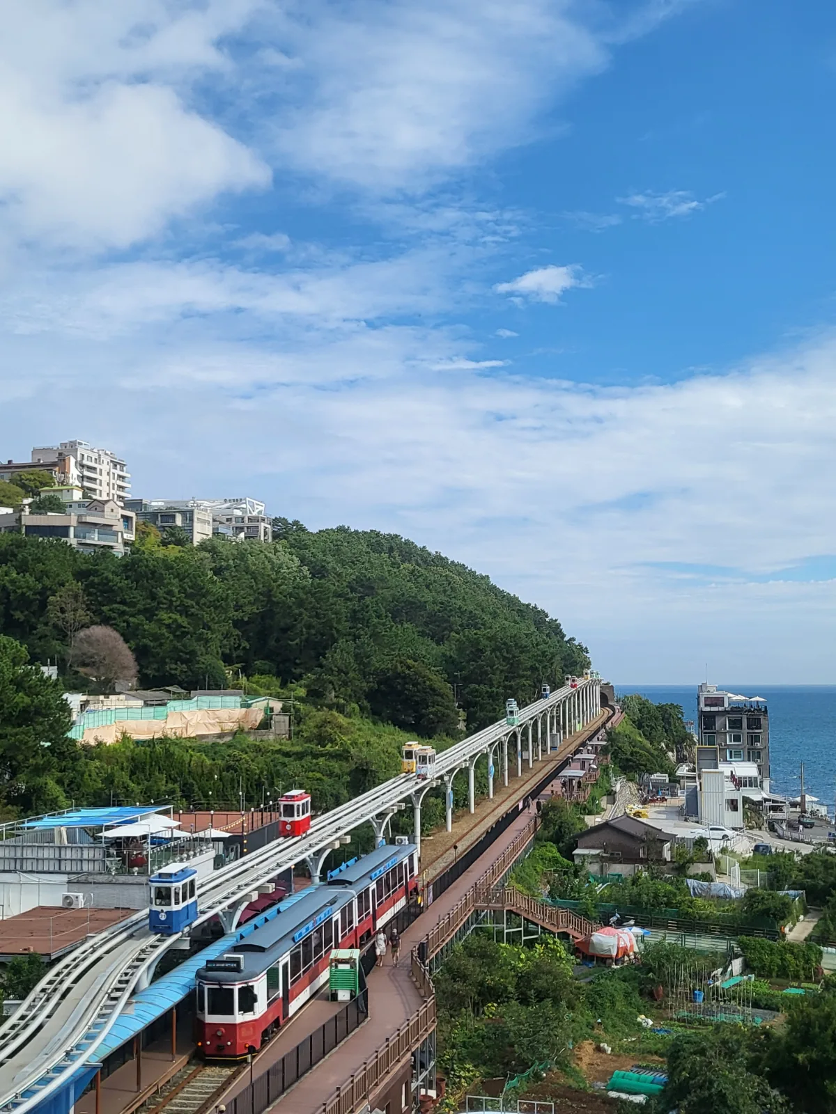 海沿いの線路を走る列車と上の高架レール