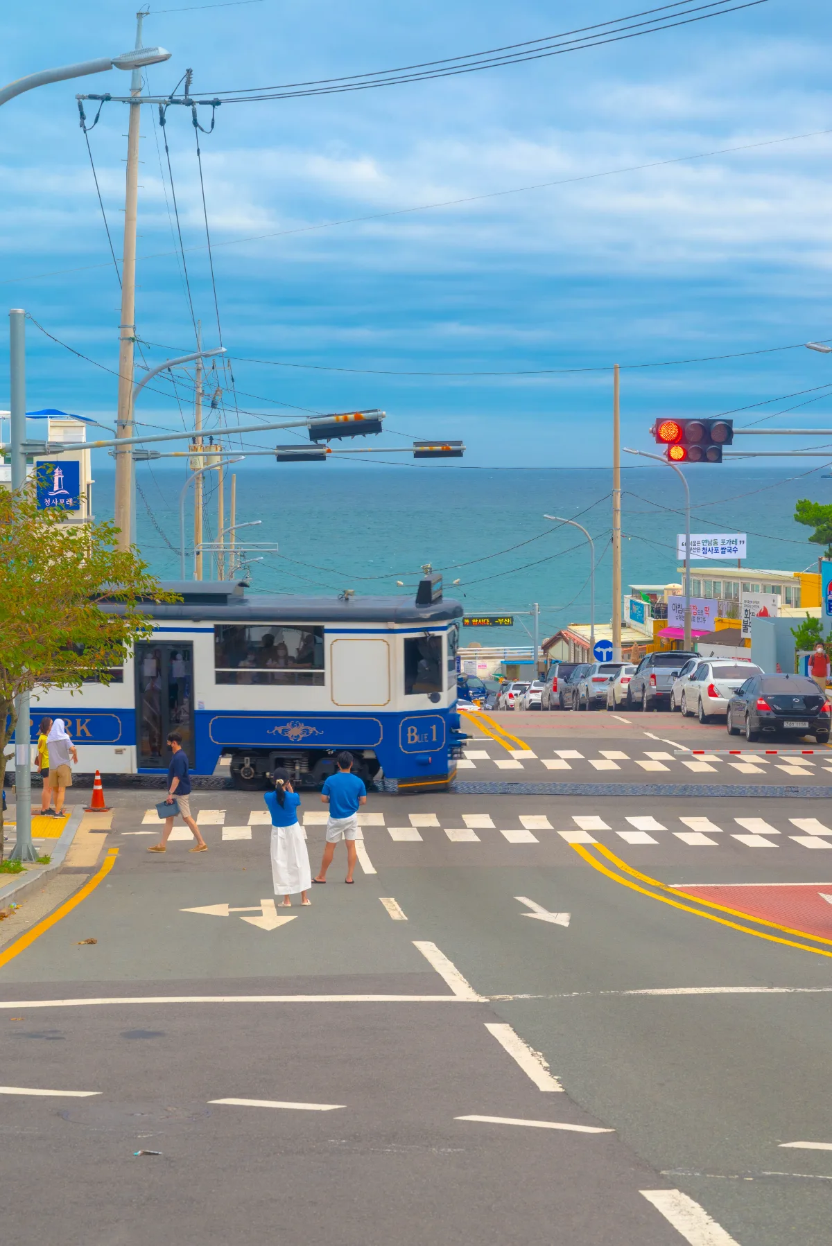 踏切を横切る青い列車
