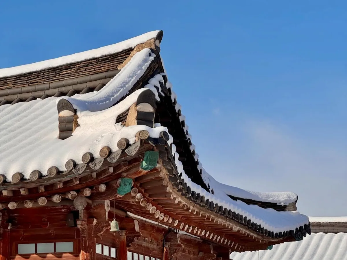 学忍堂 — 雪をまとった瓦屋根と軒先