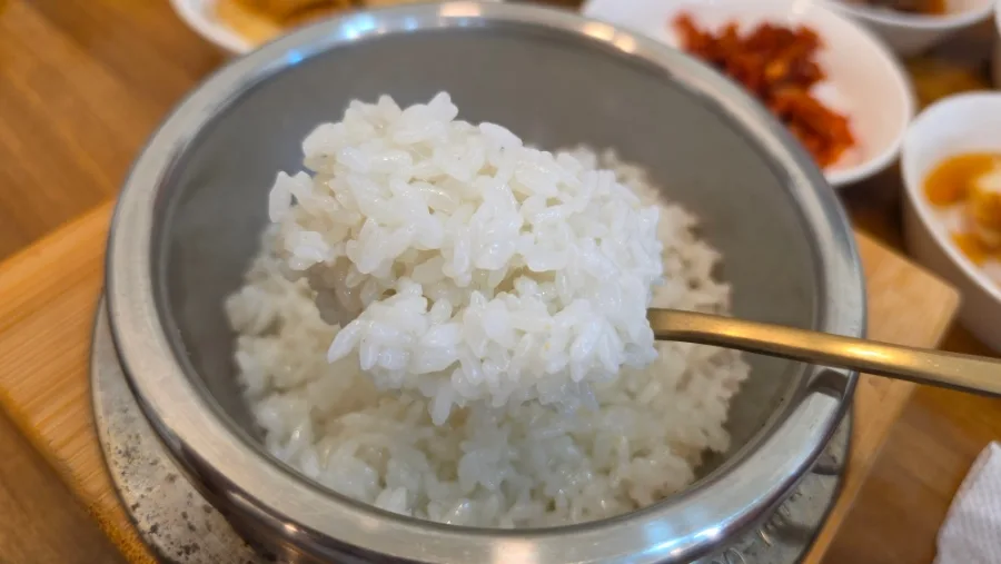 釜の白ご飯をスプーンでひとすくい