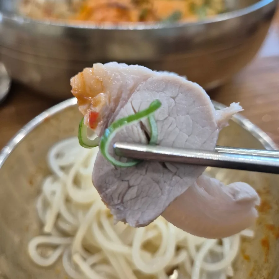 箸で持ち上げた豚肉と麺