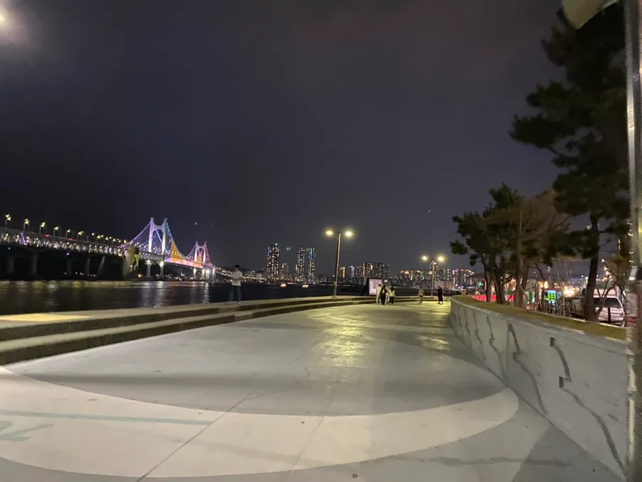 橋の明かりが見える夜の遊歩道