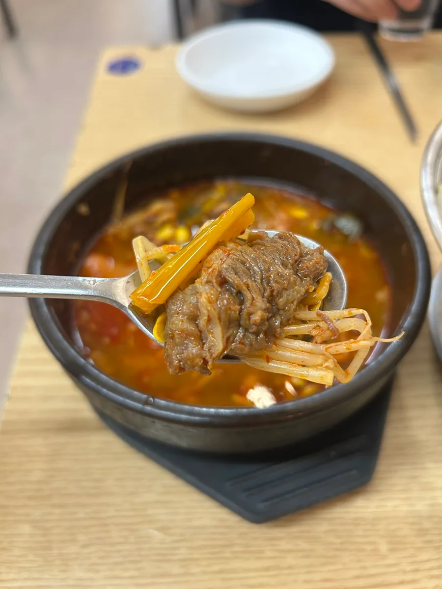 スープからすくった肉と豆もやし