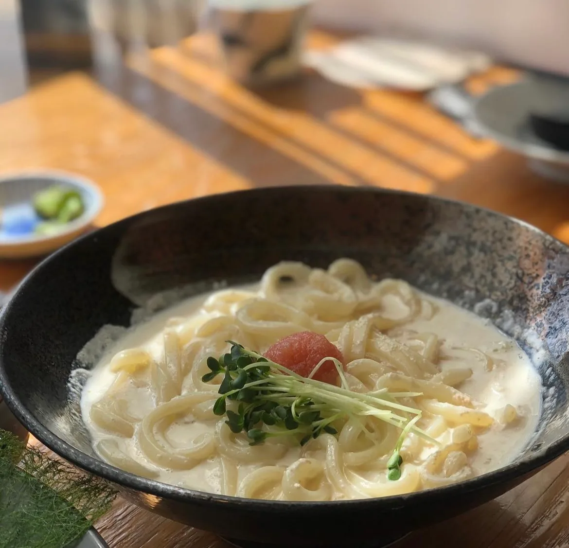 明太子をのせたクリームうどん