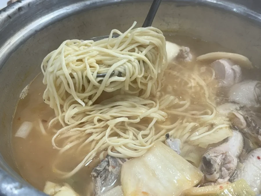 鶏肉とじゃがいもの鍋に入れた麺