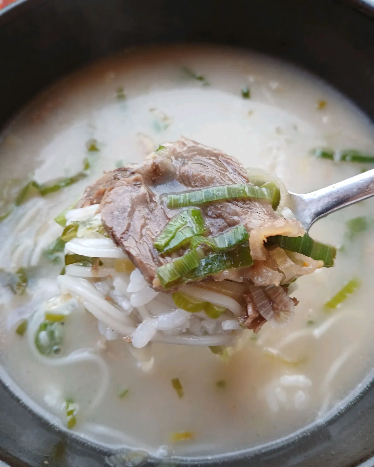 スプーンですくった牛肉と麺、ご飯