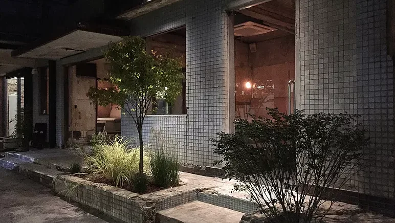 白タイルの壁と植栽の中庭