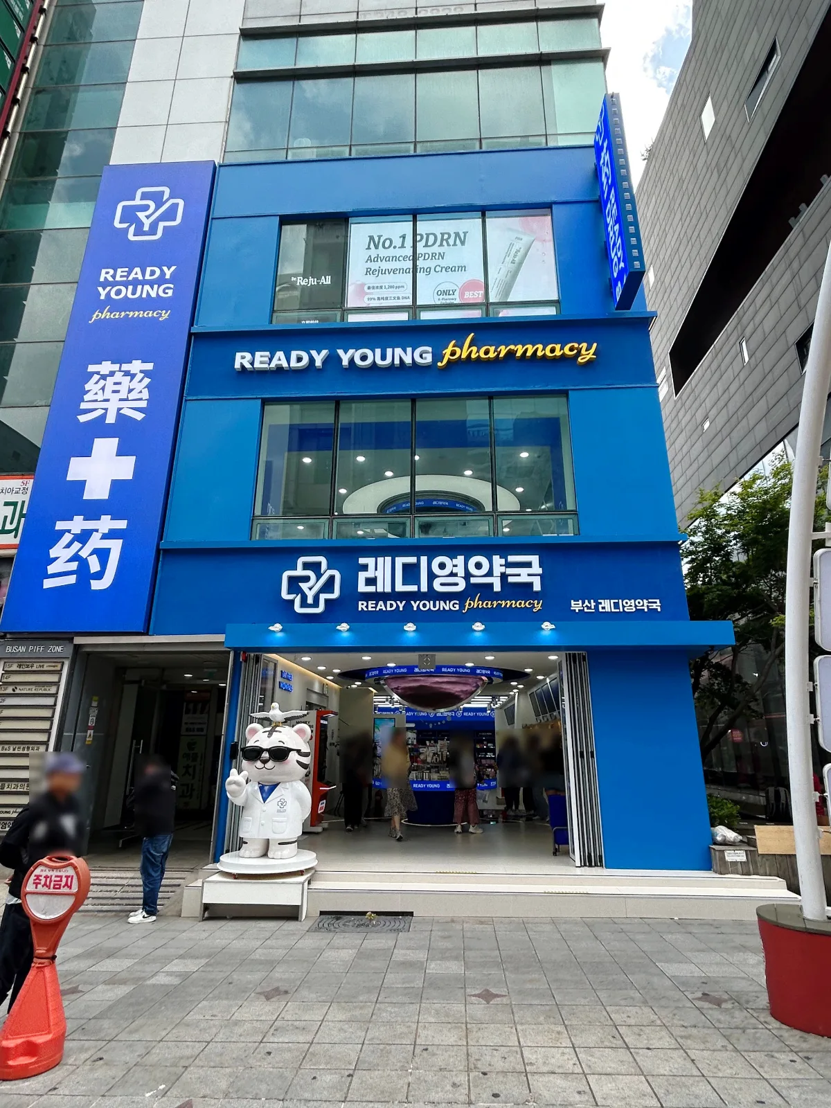 レディヤング薬局 釜山店 — 青い外壁と白衣のマスコットが目印