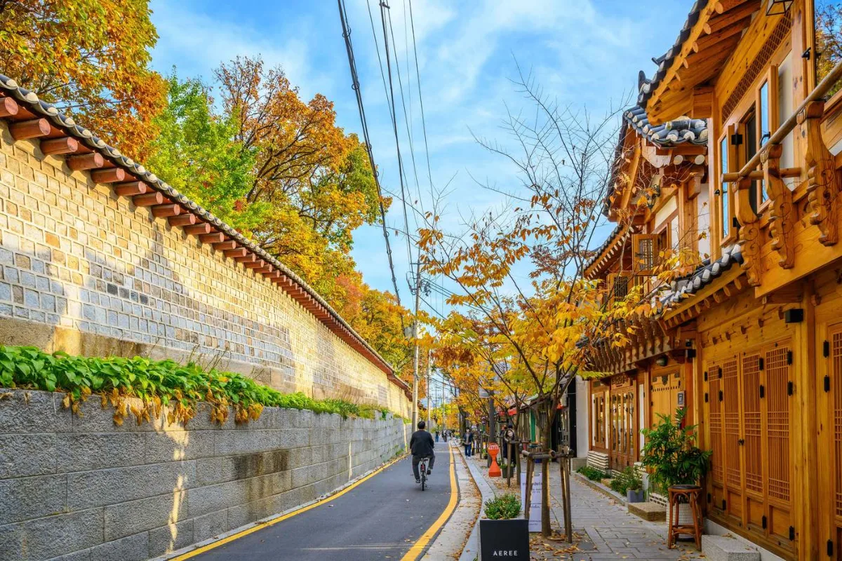 紅葉と韓屋が並ぶ石垣沿いの道