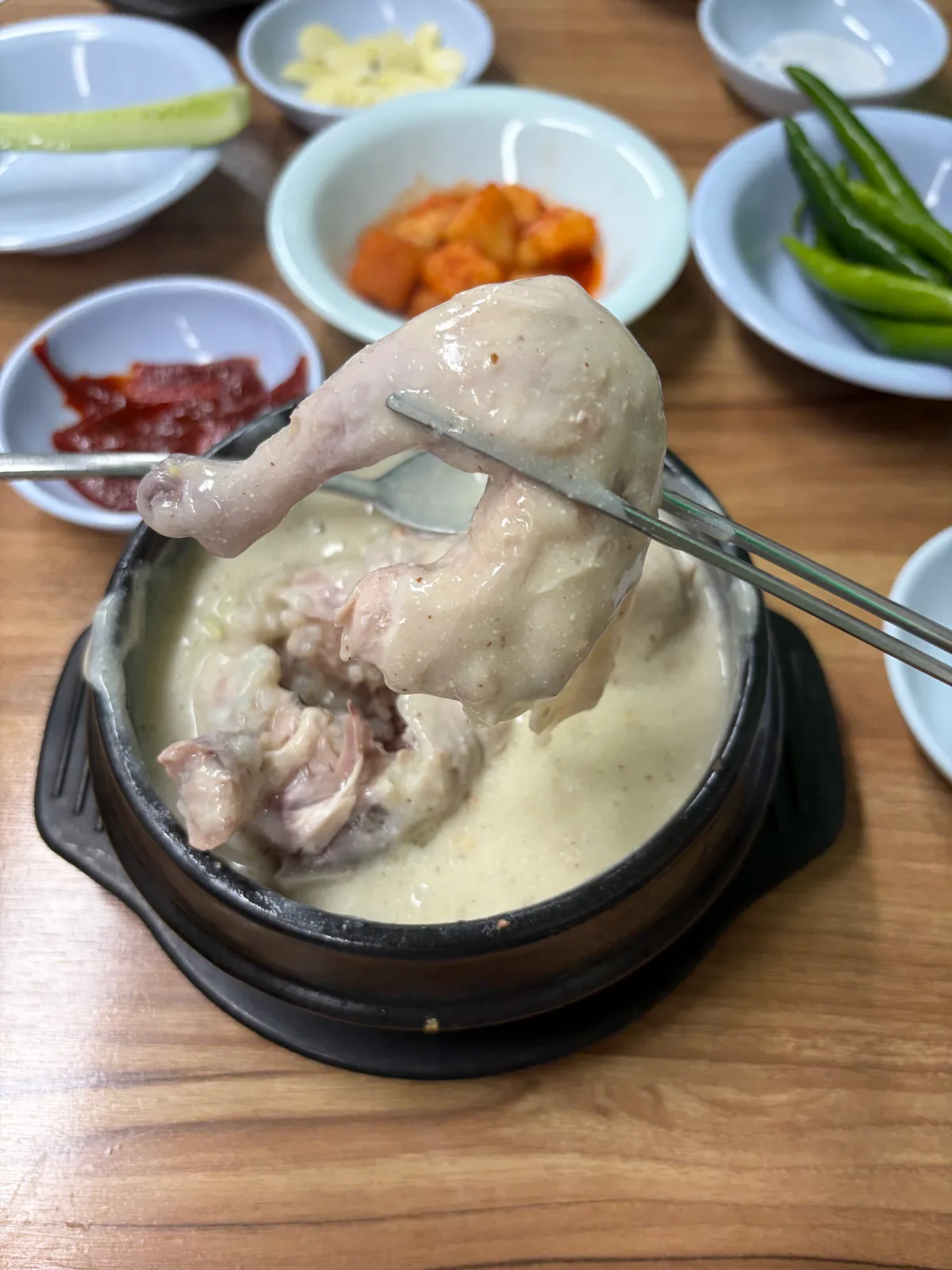 濃厚なスープから持ち上げた鶏肉