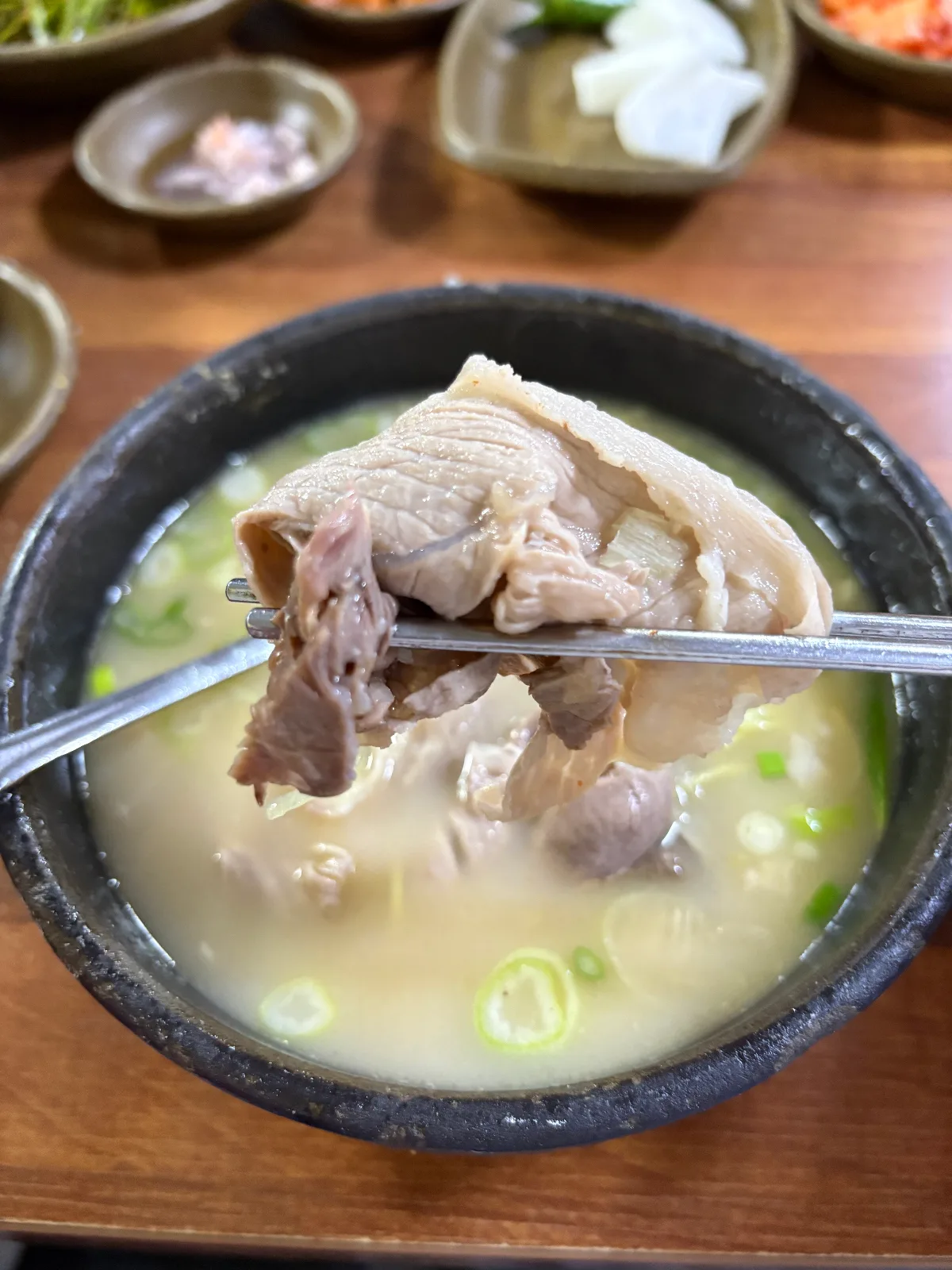 白濁スープから箸で持ち上げた豚肉